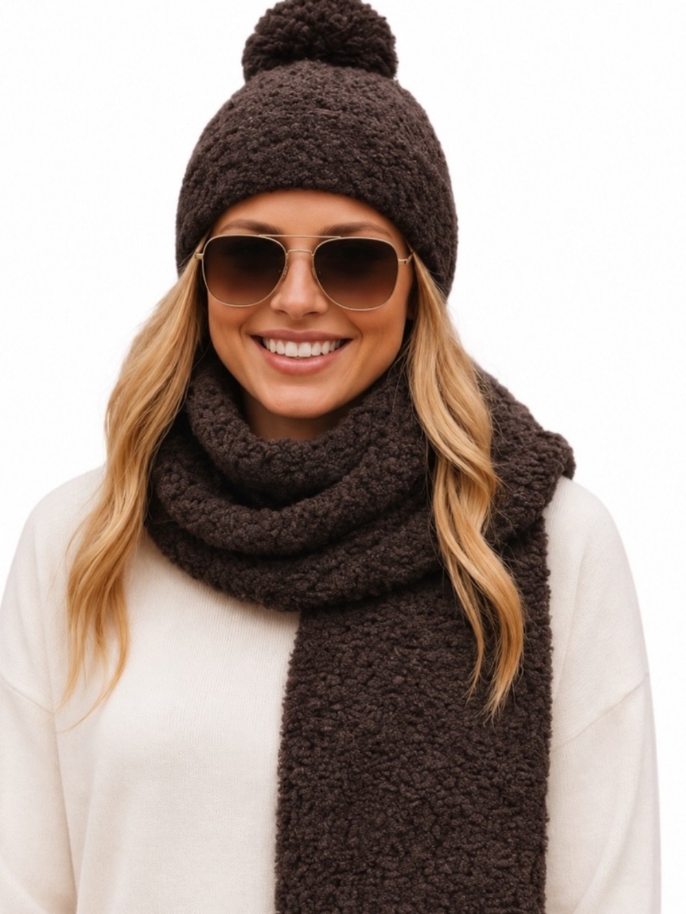 NWT Barefoot Dreams CozyChic Pom Pom Beanie & Scarf Set Espresso Cocoa OS